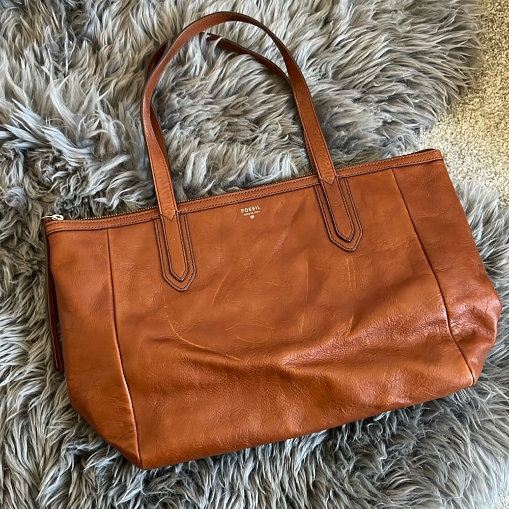 FOSSIL Real Leather Brown Zipper Sydney Tote Bag Purse